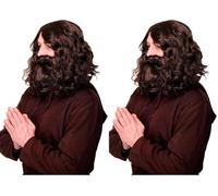 WIG ME UP- WIG005-HK5 Peluca y Barba Halloween Carnaval Profeta Gurú Jesús Hipster ermitaño castaño marrón Oscuro (Paquete de 2)