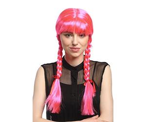 WIG ME UP- XR-008-PC5 Peluca Mujeres Carnaval Cosplay Larga Trenzas con Cintas Trenzadas Flequillo Colegiala Lolita Rosa 60 cm