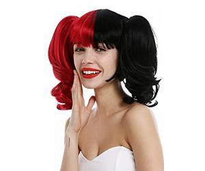 WIG ME UP - ZM-1189 Peluca para mujeres arlequín Lolita cosplay pelo corto liso con trenzas largas color negro rojo dividido