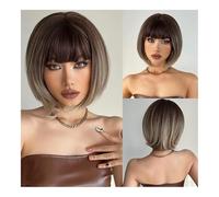 Wig, Pelo corto y liso con flequillo limpio, cabeza de Europa y Estados Unidos, peluca de fibra química, pañuelo for la cabeza completo for mujer,Human hair wig(Dark brown)