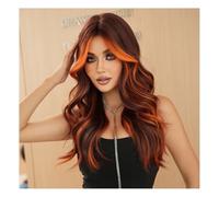 Wig, Peluca de varios niveles, peluca naranja sintética for mujer, reflejos de Cosplay, peluca ondulada naranja teñida, flequillo esponjoso,Human hair wig