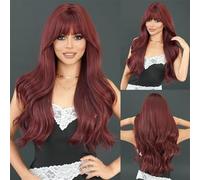 Wig, Peluca larga ondulada gris púrpura for mujeres Cosplay fiesta diaria pelucas onduladas teñidas por encima,Human hair wig(Dark red)
