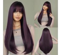 Wig, Peluca larga y recta de color marrón oscuro for mujer, peluca sintética Natural con flequillo for fiesta diaria, Cosplay, reflejos Blone,Human hair wig(Dark purple)