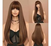 Wig, Peluca larga y recta de color marrón oscuro for mujer, peluca sintética Natural con flequillo for fiesta diaria, Cosplay, reflejos Blone,Human hair wig(Dark Brown)