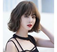 Wig, Peluca sintética corta con flequillo for uso diario y aventuras,Human hair wig(Dark brown)