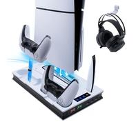 Wigearss PS5/PS5 Slim/PS5 Pro Soporte Vertical Ventiladores de Refrigeración y Estación de Carga de Dual Dontrolador, Soporte Multifuncional con Iluminación LED para Consola PS5/PS5 Slim/PS5 Pro
