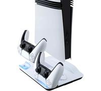 Wigearss Soporte Vertical para PS5/PS5 Slim/PS5 Pro con Ventiladores de Refrigeración, Carga para 2 Mandos, Iluminación LED y Ventilador de Enfriamiento Ajustable en 3 Niveles