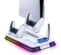 Wigearss Soporte Vertical para PS5/PS5 Slim/PS5 Pro con Ventiladores de Refrigeración Carga para 2 Mandos, Ventilador de Enfriamiento Ajustable en 3 Niveles con 10 Efectos de Iluminación LED