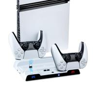 Wigearss Soporte Vertical para PS5/PS5 Slim/PS5 Pro con Ventiladores de Refrigeración, Estación de Carga para Dos Mandos, Ventilador de Enfriamiento con 3 Niveles Ajustables