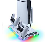 Wigearss Soporte Vertical para PS5/PS5 Slim/PS5 Pro con Ventiladores de Refrigeración, Multifuncional con Luz RGB, Cargador para Controladores y Puerto Type-C & USB