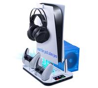 Wigearss Soporte Vertical Ventiladores de Refrigeración, Soporte Multifuncional con Iluminación LED y Ranuras de Almacenamiento de Discos para Consola PS5 UHD, Edición Digital(No para la PS5 Slim/Pro)
