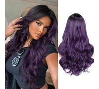 Wiger Ombre Wig 2 Tones Dark Roots to Purple Long Middle Part Natrual Wavy Synthetic Hair Wigs Heat Resistant Fiber Daily Party Cosplay Full Wigs for