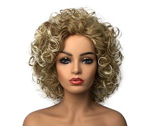 Wiginway Pelucas sintéticas de color dorado medio rizado para mujer, pelucas naturales de 8 pulgadas