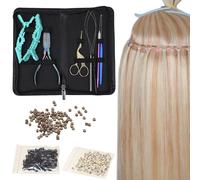 WIGNEE Kit de herramientas para extensiones de cabello con perlas de silicona - 3 colores (negro, marrón, beige), pinza, tijeras, agujas de hebilla y ganchillo, pinzas de cocodrilo, juego completo