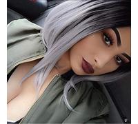 WIGSMADES Ombre Grey Short Bob Pelucas, Aspecto Natural sintético para Las Mujeres Negras Dark Roots Silver Short Recto Resistente al Calor Peluca de Pelo de Fibra 16 "150 g,001