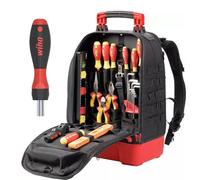 Wiha 45757 - Mochila de herramientas para electricista (27 piezas, con equipamiento básico, base estable, compartimento para portátil, incluye destornillador de carraca de 1/4 pulgadas, 72 dientes)