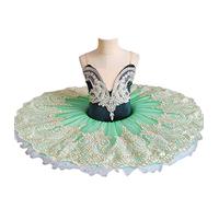 WIINXX Tutú de Ballet Profesional para niños, Vestido de Princesa Bailarina, Disfraz de Baile del Lago de los cisnes para niñas, Falda de competición de tutú de Tul Bordada,Verde,120