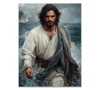 WIKEO Arte de pared Lienzo Pintura de Jesús Imagen graffiti Jesús en el agua Salon Hogar Religión Pared Pintura Decoracion Jesús Dios Imagen Poster（azul-80x120cm Sin marco