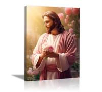 WIKEO Arte de pared Lienzo Pintura de Jesús Imagen Mural de flores preciosas de Jesús Salon Hogar Religión Pared Pintura Decoracion Jesús Dios Imagen Poster（Rosa 4-60x90cm Enmarcado