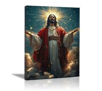 WIKEO Jesús Imagen Cuadros Jesús abre las manos Imagen sobre Lienzo Arte de Pared Cuadro Decoración,Cartel nórdico e Impresiones Murales Salón（Rojo-60x90cm Enmarcado