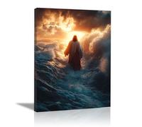 WIKEO Jesús Imagen Cuadros Jesús caminando sobre el agua decoración religiosa para el hogar y pintura moderna de Jesucristo, de sala de estar, oficina en casa（naranja-50x70cm Enmarcado