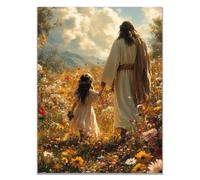 WIKEO Jesús Imagen Cuadros Jesús y las Niñas Flores Imagen sobre Lienzo Arte de Pared Cuadro Decoración,Cartel nórdico e Impresiones Murales Salón（Amarillo-70x100cm Sin marco