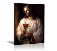 WIKEO Jesús Imagen Cuadros Mural de flores preciosas de Jesús decoración religiosa para el hogar y pintura moderna de Jesucristo, de sala de estar, oficina en casa（Brown 7-70x100cm Enmarcado