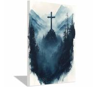 WIKEO Jesús Imagen Cuadros Mural de la Cruz Abstracta de Jesús decoración religiosa para el hogar y pintura moderna de Jesucristo, de sala de estar, oficina en casa（Azul-70x100cm Enmarcado