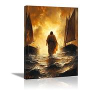 WIKEO Jesus Lienzo Póster Arte Imagen Jesús caminando sobre el agua Impresión Moderna Habitación Familiar Póster - Cristiana Cuadros Decoracion Salon（Oro-70x100cm Enmarcado