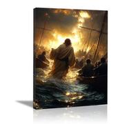 WIKEO Jesus Lienzo Póster Arte Imagen Jesús caminando sobre el agua Impresión Moderna Habitación Familiar Póster - Cristiana Cuadros Decoracion Salon（Amarillo-30x40cm Enmarcado