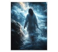 WIKEO Jesus Lienzo Póster Arte Imagen Jesús caminando sobre el agua Salon Hogar Religión Pared Pintura Decoracion Jesús Dios Imagen Poster（azul-40x60cm Sin marco