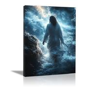 WIKEO Jesus Lienzo Póster Arte Imagen Jesús caminando sobre el agua Salon Hogar Religión Pared Pintura Decoracion Jesús Dios Imagen Poster（azul-30x40cm Enmarcado