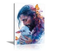 WIKEO Jesus Lienzo Póster Arte Imagen Jesús de grafitis y animales Impresión Moderna Habitación Familiar Póster - Cristiana Cuadros Decoracion Salon（Azul-60x90cm Enmarcado