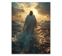 WIKEO Mural de Jesús Cuadro Jesús caminando sobre el agua decoración religiosa para el hogar y pintura moderna de Jesucristo, de sala de estar, oficina en casa（Blanco-60x90cm Sin marco