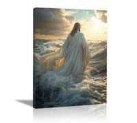 WIKEO Mural de Jesús Cuadro Jesús caminando sobre el agua decoración religiosa para el hogar y pintura moderna de Jesucristo, de sala de estar, oficina en casa（naranja-70x100cm Enmarcado