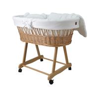 Wiklinopol Amelia cesta Moisés de mimbre con estructura y colchón, cesta para bebé en color natural, juego de sábanas de muselina en color blanco, cesta de mimbre, portátil, ideal para recién nacidos