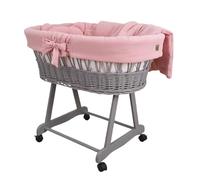 Wiklinopol Amelia Moisés de mimbre con estructura y colchón - Cesta para bebé en color gris - Juego de ropa de cama de muselina rosa - Cesta de mimbre portátil, ideal para recién nacidos
