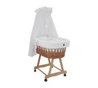 Wiklinopol Cuna de mimbre con dosel y estructura Lena - Moisés en color natural, juego completo con ropa de cama de gofre de 5 piezas Patitos Blanco - Con ruedas, portátil, seguro