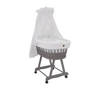Wiklinopol Cuna de mimbre con dosel y estructura Lena - Moisés en gris, juego completo con ropa de cama de gofre de 5 piezas Patitos Blanco - Con ruedas, portátil, seguro