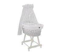 Wiklinopol Cuna de mimbre con dosel y soporte Lena - Cesta Moses en blanco, set completo con 5 piezas de ropa de cama tipo waffle Gansito Blanco - Con ruedas, portátil, seguro