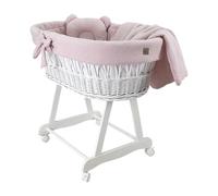 Wiklinopol Cuna de mimbre con estructura y colchón Amelia - Cesta de Moisés en blanco - Juego de ropa de cama de muselina en dorado-lila - Cesta de mimbre, portátil, ideal para recién nacidos