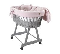 Wiklinopol Cuna de mimbre de sauce con estructura y colchón Amelia - Cesta de Moisés en gris - Juego de ropa de cama de muselina en dorado-lila - Cesta de mimbre, portátil, ideal para recién nacidos