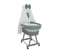Wiklinopol Cuna mecedora de mimbre con dosel y soporte Lena - Cesta de Moses en gris, juego completo con ropa de cama de 5 piezas tipo waffle de ciervo caqui - Con ruedas, portátil, seguro