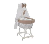 Wiklinopol - Cuna mecedora de mimbre con dosel y soporte Lena - Cesta Moses en blanco, set completo con edredón de 5 piezas Safari Beige - Con ruedas, portátil, seguro