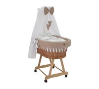 Wiklinopol - Cuna mecedora de mimbre con dosel y soporte Lena - Cesta Moses en natural, set completo con edredón de 5 piezas Safari Beige - Con ruedas, portátil, seguro