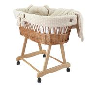 WIKLINOPOL Cuna para bebé - Juego completo con cesta de moisés gris, colchón y ropa de cama de algodón 100% Oeko-Tex en ramas de color beige - Espacio seguro para dormir con ruedas y freno - Modelo