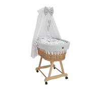 WIKLINOPOL Lena - Moisés de mimbre con estructura - Cesta de moisés con dosel, ruedas, colchón y ropa de cama de tela gofre con erizo gris, hecho a mano, carrito natural