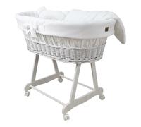 WIKLINOPOL Moisés Bebé con Ruedas y Freno - Cesta de Mimbre Natural con Colchón y Ropa de Cuna de Algodón 100% Oeko-Tex en Blanco- Set Completo para Recién Nacidos - Modelo Amelia