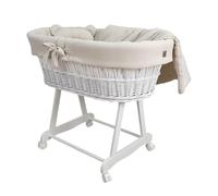 WIKLINOPOL Moisés Bebé con Ruedas y Freno - Cesta de Mimbre Natural con Colchón y Ropa de Cuna de Algodón 100% Oeko-Tex en Beige - Set Completo para Recién Nacidos - Modelo Amelia