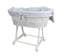 WIKLINOPOL Moisés Bebé con Ruedas y Freno - Cesta de Mimbre Natural con Colchón y Ropa de Cuna de Algodón 100% Oeko-Tex en Gris Claro - Set Completo para Recién Nacidos - Modelo Amelia